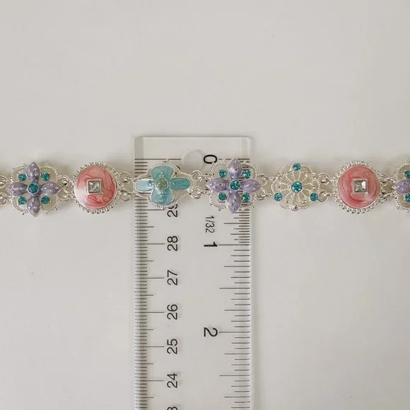 Napier Silver Tone Pastel Pink Blue Enamel Rhinestone Art Deco Chain Bracelet - Picture 9 of 9